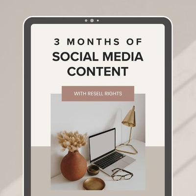 Tablet screen showing '3 MONTHS OF SOCIAL MEDIA CONTENT WITH RESELL RIGHTS' beside a laptop and desk lamp.